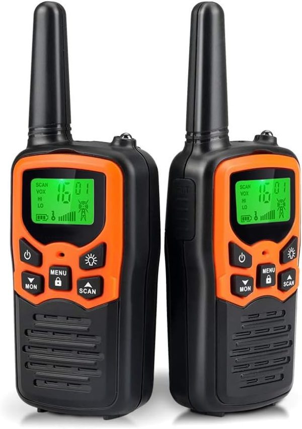 Walkie Talkies, MOICO Long Range Walkie Talkies for Adults with 22 FRS Channels, Family Walkie Talkie with LED Flashlight VOX LCD Display for Hiking Camping Trip (Orange 2 Pack)